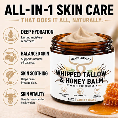Wrath & Remedy Beef Tallow and Honey Balm, Handcrafted, Unscented, 4 oz