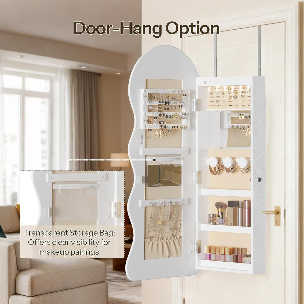 HOOBRO LED Mirror Jewelry Cabinet, Wall/Door Mounted Jewelry Organizer