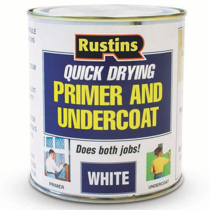 RUSTINS WHPU500 500ml Quick Dry Primer Undercoat - Fast-Drying Paint Base for Smooth Coverage; Easy-to-Use Interior & Exterior Prep Coat for Walls, Woodwork & DIY Home Decorating