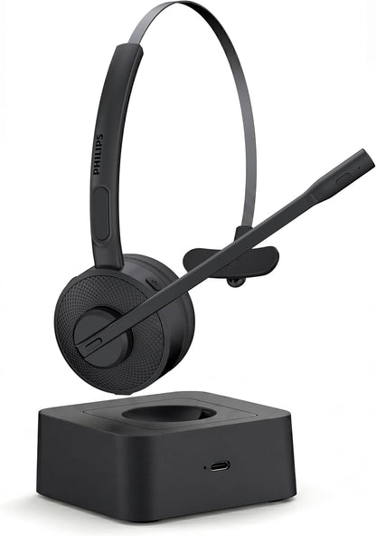 PHILIPS Wireless Headset with Mic for Work, Mono Bluetooth Trucker Headset with AI Noise Cancelling Microphone & Mute Button, All Day Extended Talk Time, Headphones for Office Call Center Computer PC