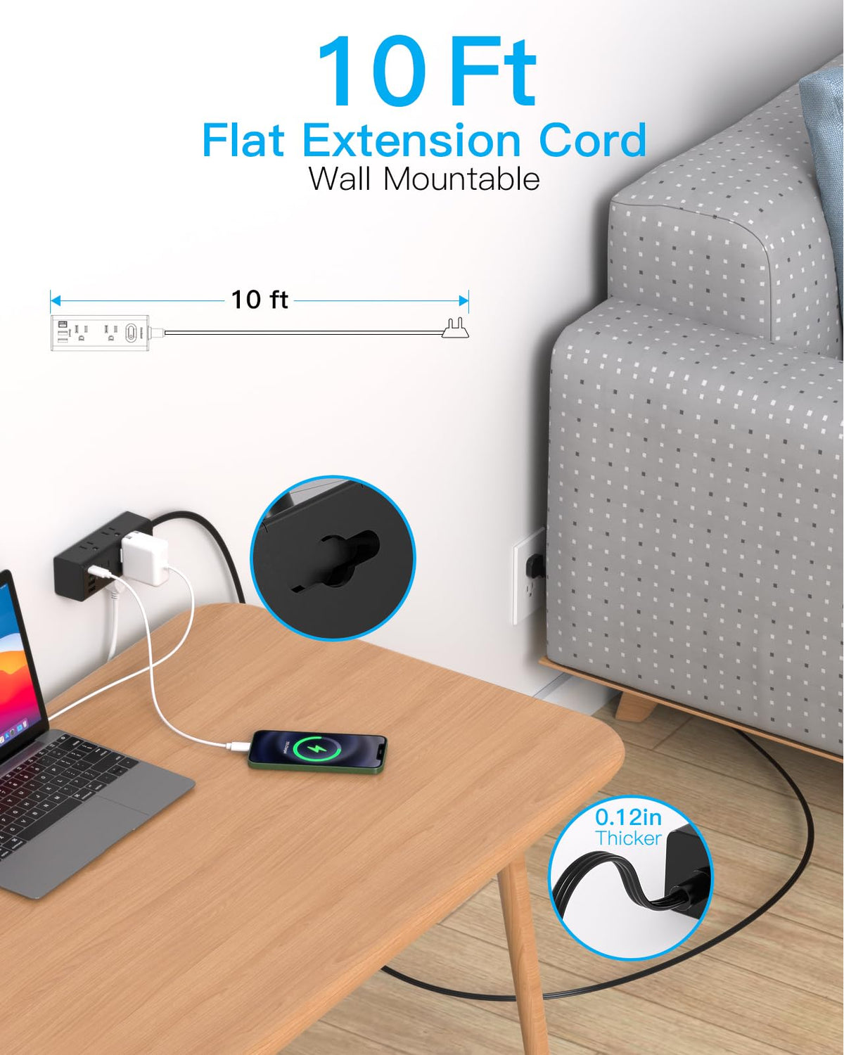 One Beat 5Ft Extension Cord with Multiple Outlets,Flat Plug Power Strip