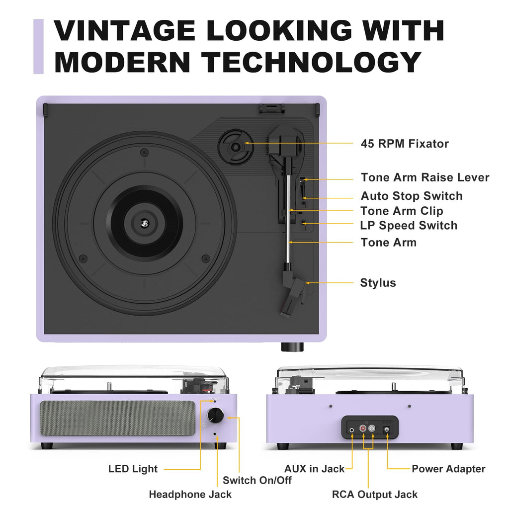 Seasonlife® Record Player for Vinyl Turntable with Speakers,Pale Purple