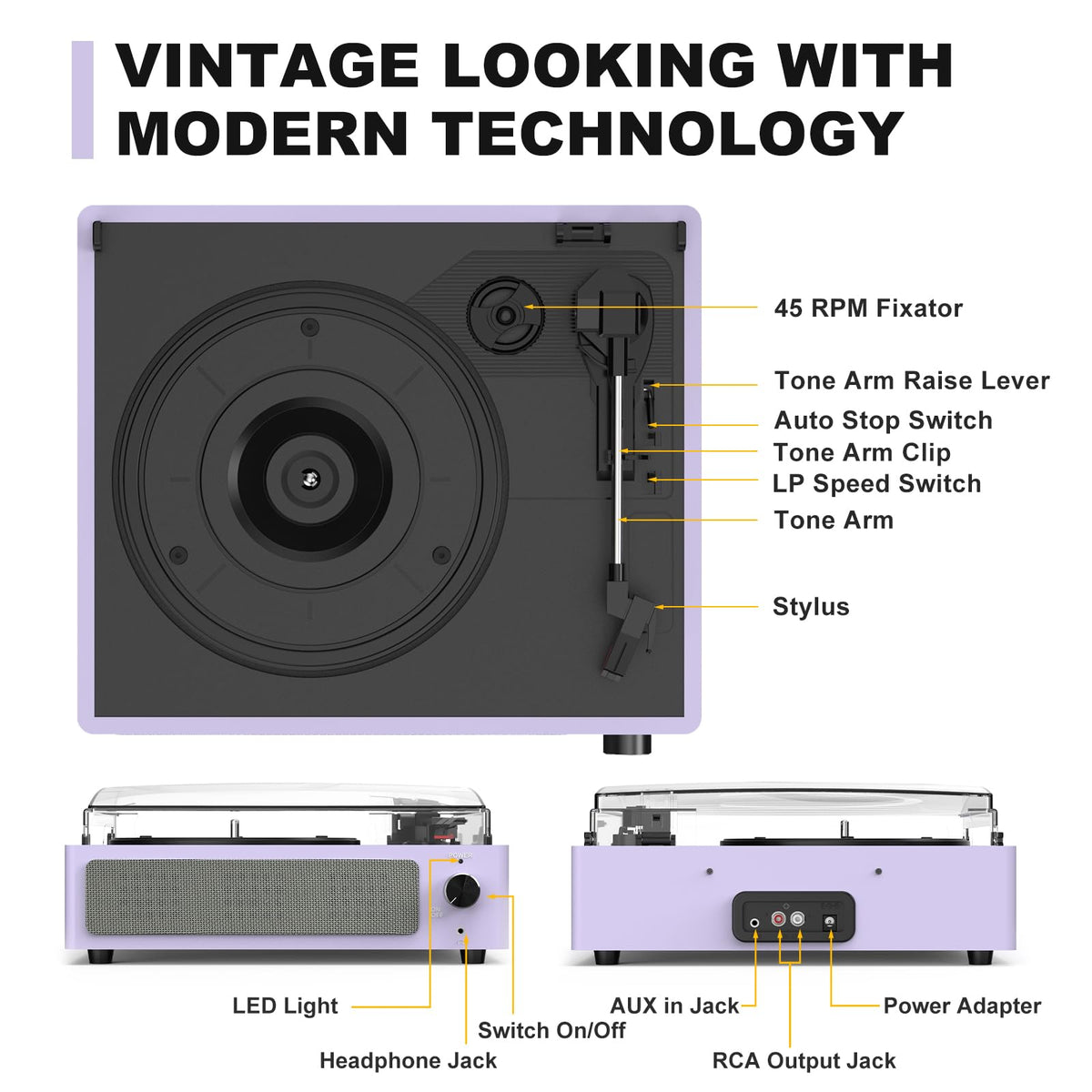 Seasonlife® Record Player for Vinyl Turntable with Speakers,Pale Purple