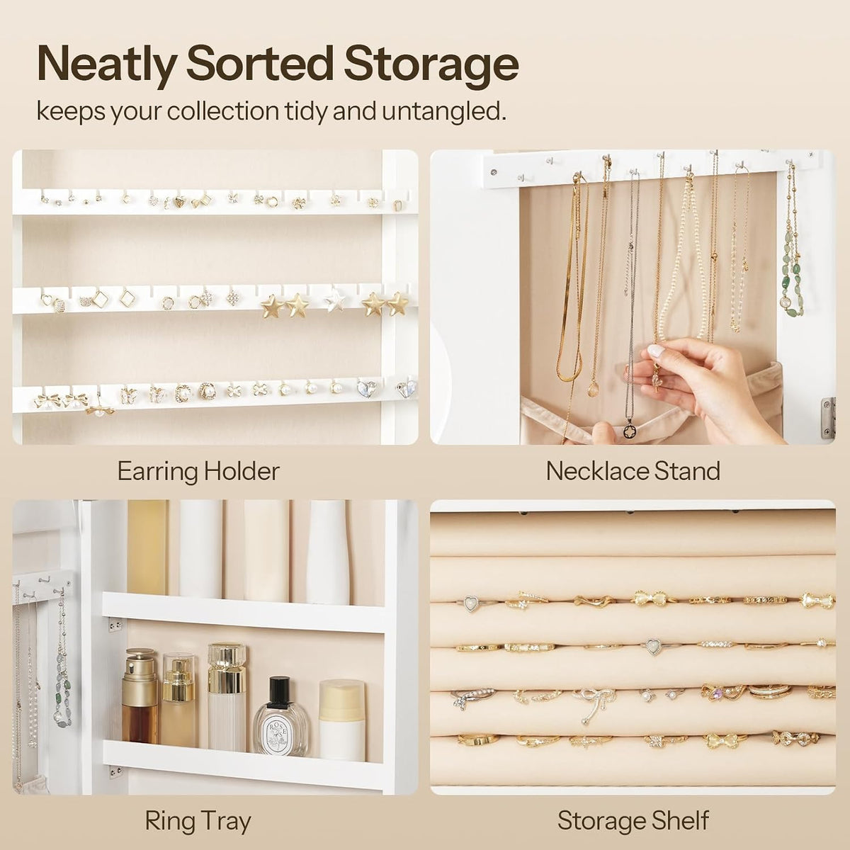 HOOBRO LED Mirror Jewelry Cabinet, Wall/Door Mounted Jewelry Organizer
