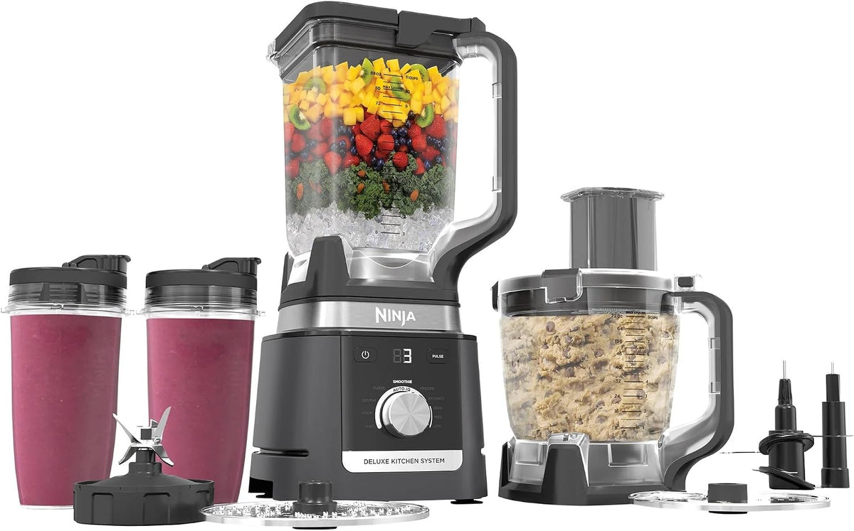 Ninja (Refurbished) CO905KS Deluxe Kitchen System, 1600 WP Auto-IQ Base, 88-oz. Picther, 9-cup Deluxe Food Processor, (2) 24-oz. Single-Serve Cups (Renewed)