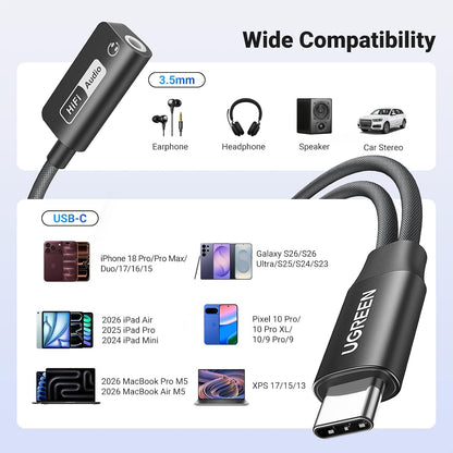 UGREEN Magnetic 2 in 1 USB C to 3.5mm Audio Adapter and Charger, Black