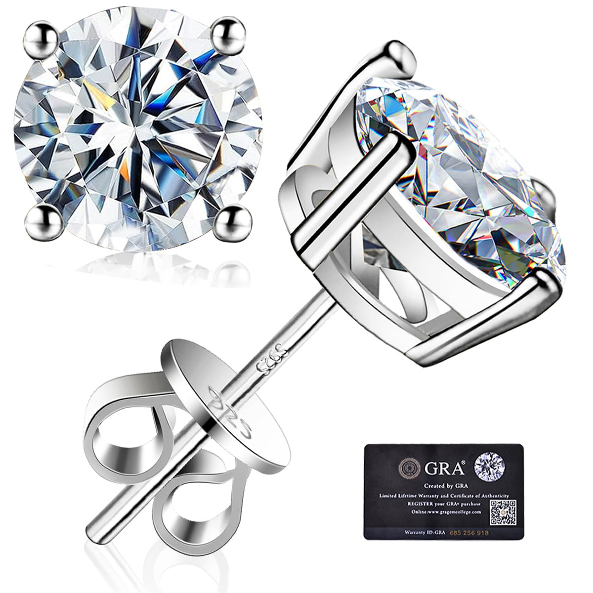 Moissanite Stud Earrings GRA 925 Sterling Silver Earrings for Men