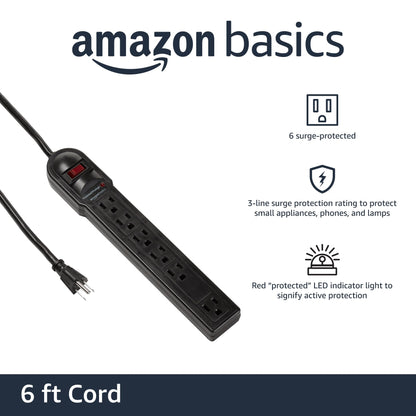 Amazon Basics Surge Protector Power Strip, 6-Outlet, 790 Joules, Circuit Breaker, LED Indicator, 6ft Extension Cord, White