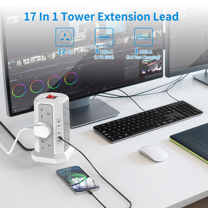 HAFINO Tower Extension Lead with USB Slots, PD18W USB C Fast Charger, 1.8M