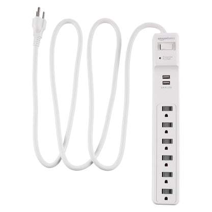 Amazon Basics Surge Protector Power Strip, 6-Outlet, 790 Joules, 6ft Extension Cord, Safety Shutters, White
