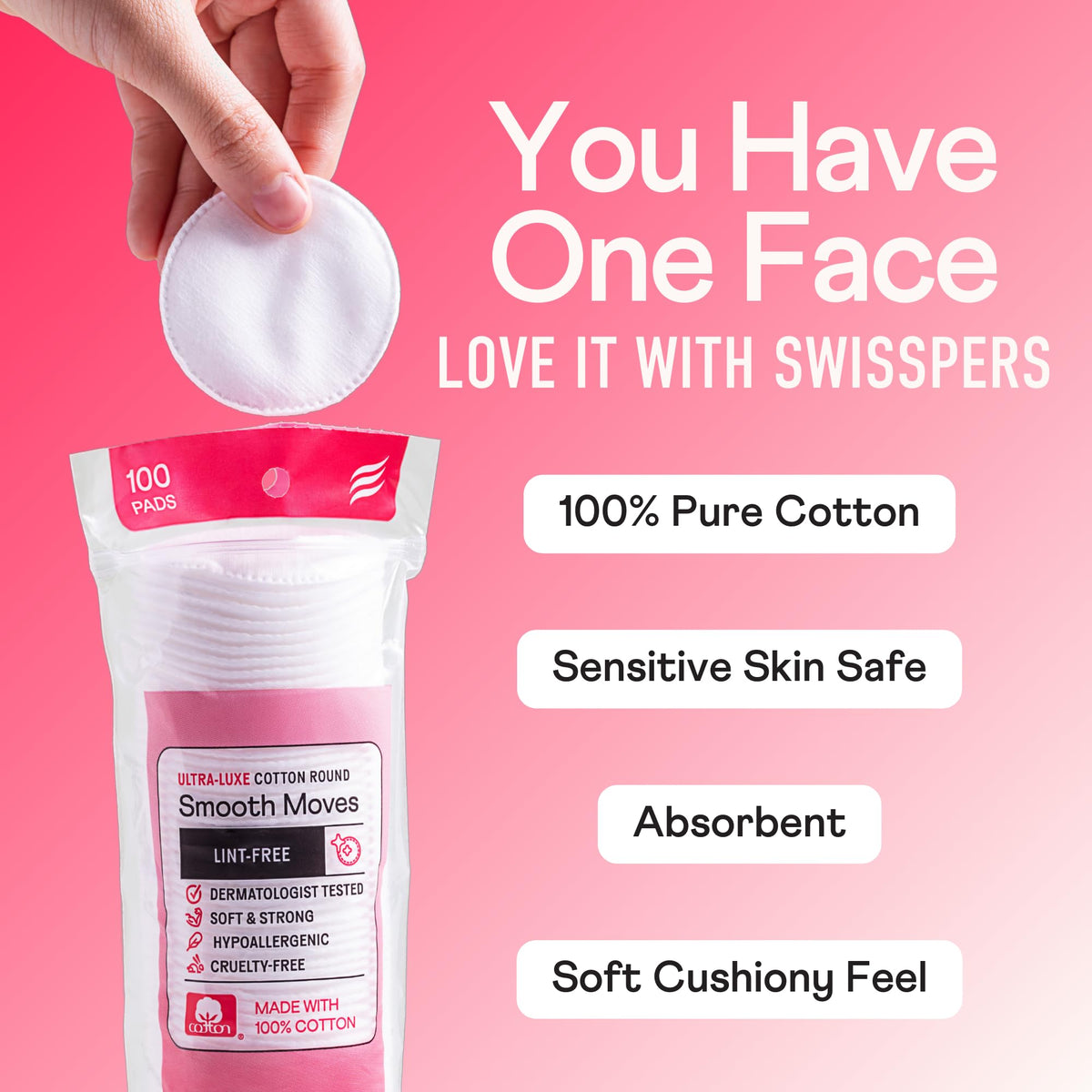 Swisspers Premium Cotton Rounds, Dual-Sided, 100 Count (Pack of 6)