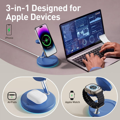 【Adjustable Blue Ambient Light】 Wireless Charger 3 in 1 for iPhone, Magnetic Charging Station for Apple Family,15W Fast MagSafe Charger Stand,for iPhone17-12-iWatch AirPods Series