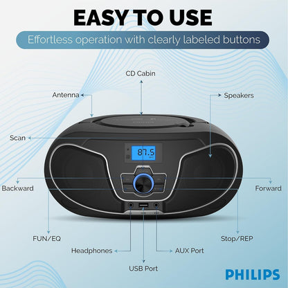 Philips CD Player Boombox, Dynamic Bass Boost with Bluetooth, FM Radio, USB Playback & AUX Input, Portable Top-Loading Boombox, Clear Stereo, RW/MP3 Compatible (Black)