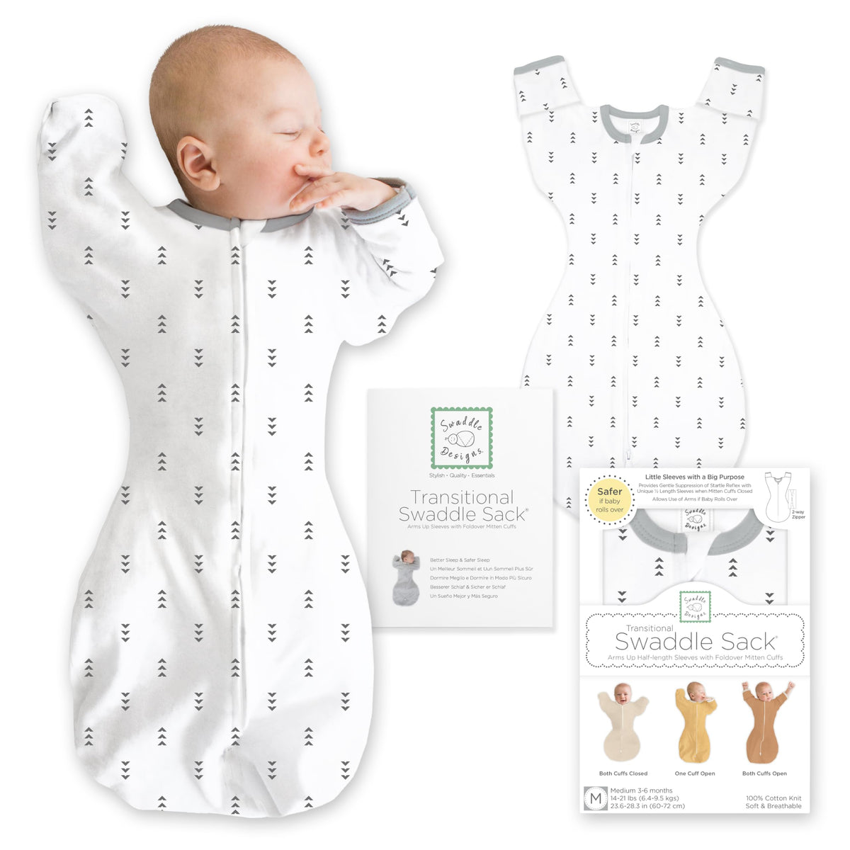 SwaddleDesigns Transitional Swaddle Sack, Cotton, Heathered Gray, 6-9mo