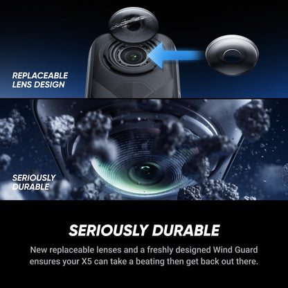 Insta360 X5 - Waterproof 8K 360° Action Camera, Leading Low Light, Invisible Selfie Stick Effect, Rugged and Replaceable Lens, 3-Hour Battery, Built-in Wind Guard, Stabilization, Triple AI Chip Design