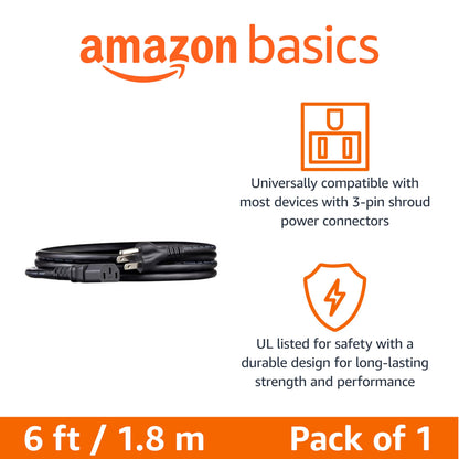 Amazon Basics Replacement Power Cord for Computer, Monitor, TV, Printer, PC, 3 Prong, 18 AWG, 125 Volts, 10 Feet, Black