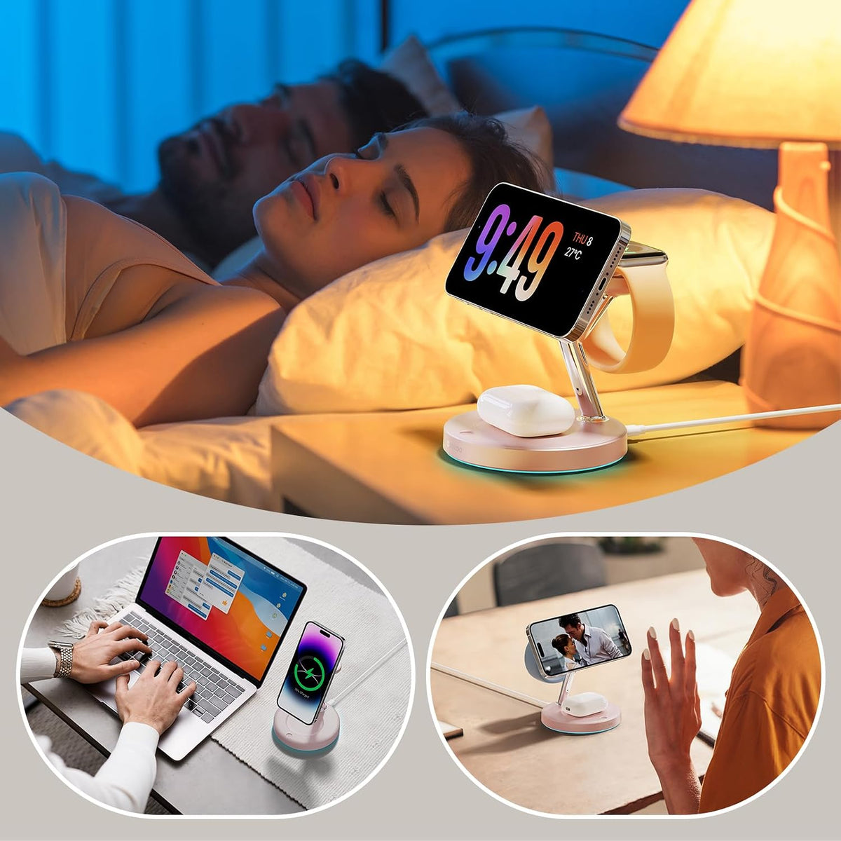 【Adjustable Blue Ambient Light】 Wireless Charger 3 in 1 for iPhone, Magnetic Charging Station for Apple Family,15W Fast MagSafe Charger Stand,for iPhone17-12-iWatch AirPods Series