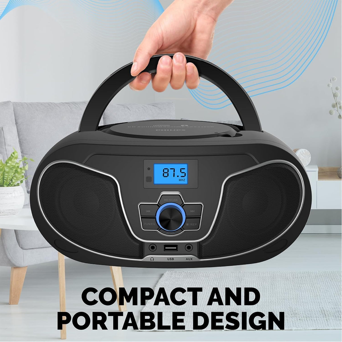 Philips CD Player Boombox, Dynamic Bass Boost with Bluetooth, FM Radio, USB Playback & AUX Input, Portable Top-Loading Boombox, Clear Stereo, RW/MP3 Compatible (Black)