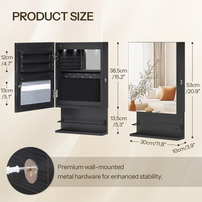 HOOBRO Wall Mounted Jewelry Cabinet, LED Jewelry Armoire with Interior Mirror, Hanging Jewelry Organizer for Wall, Lockable Jewelry Storage Cabinet, 3.9 x 11.8 x 20.9 Inches, White