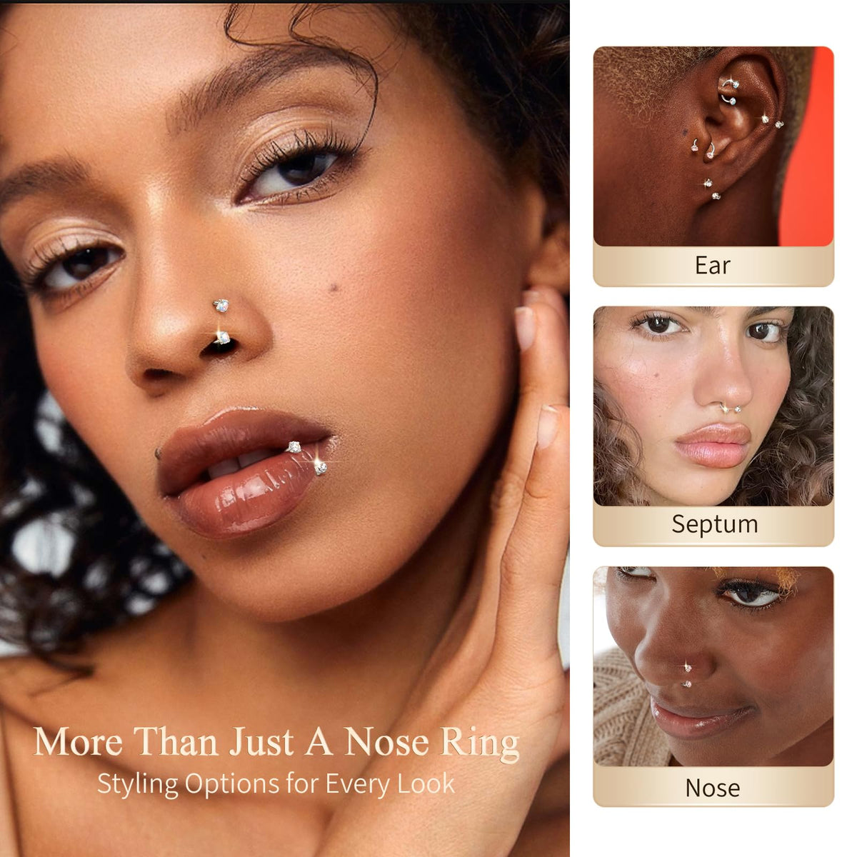 Horseshoe Nose Ring 20g 18g Gold Silver Opal CZ Double Gem Nose Rings Studs for Women Men 7mm 8mm Hypoallergenic Hoop Earrings Cartilage Helix Tragus Nostril Septum Daith Piercing Jewelry