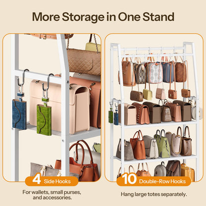 HOOBRO 3-Tier Purse Organizer for Closet, Purse Rack Stand with 14 Hooks