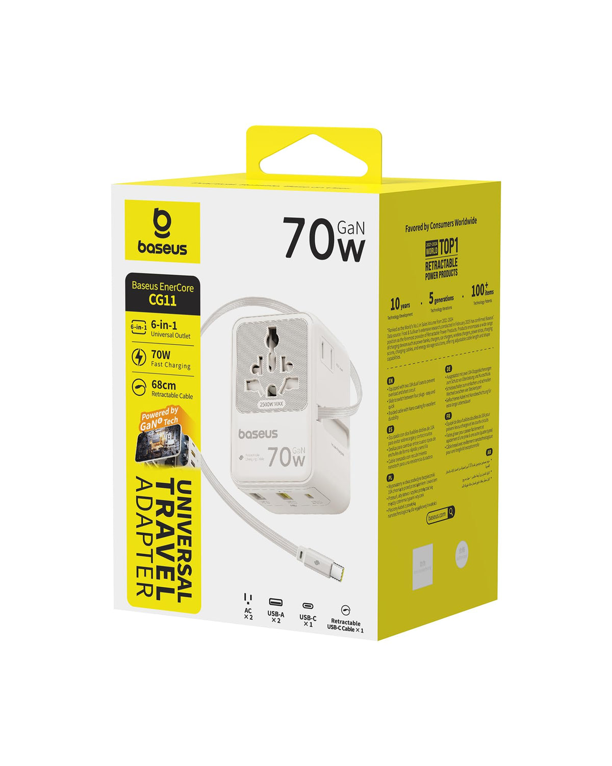 Baseus 70W Universal Travel Adapter, 6-in-1 International Plug Adapter