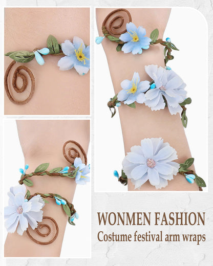 FRESHME Renaissance Costume Flower Arm Wraps - 2 Pcs Fairy Accessories Elf Bracelet with Wrap Ring Woodland Renfaire Outfit