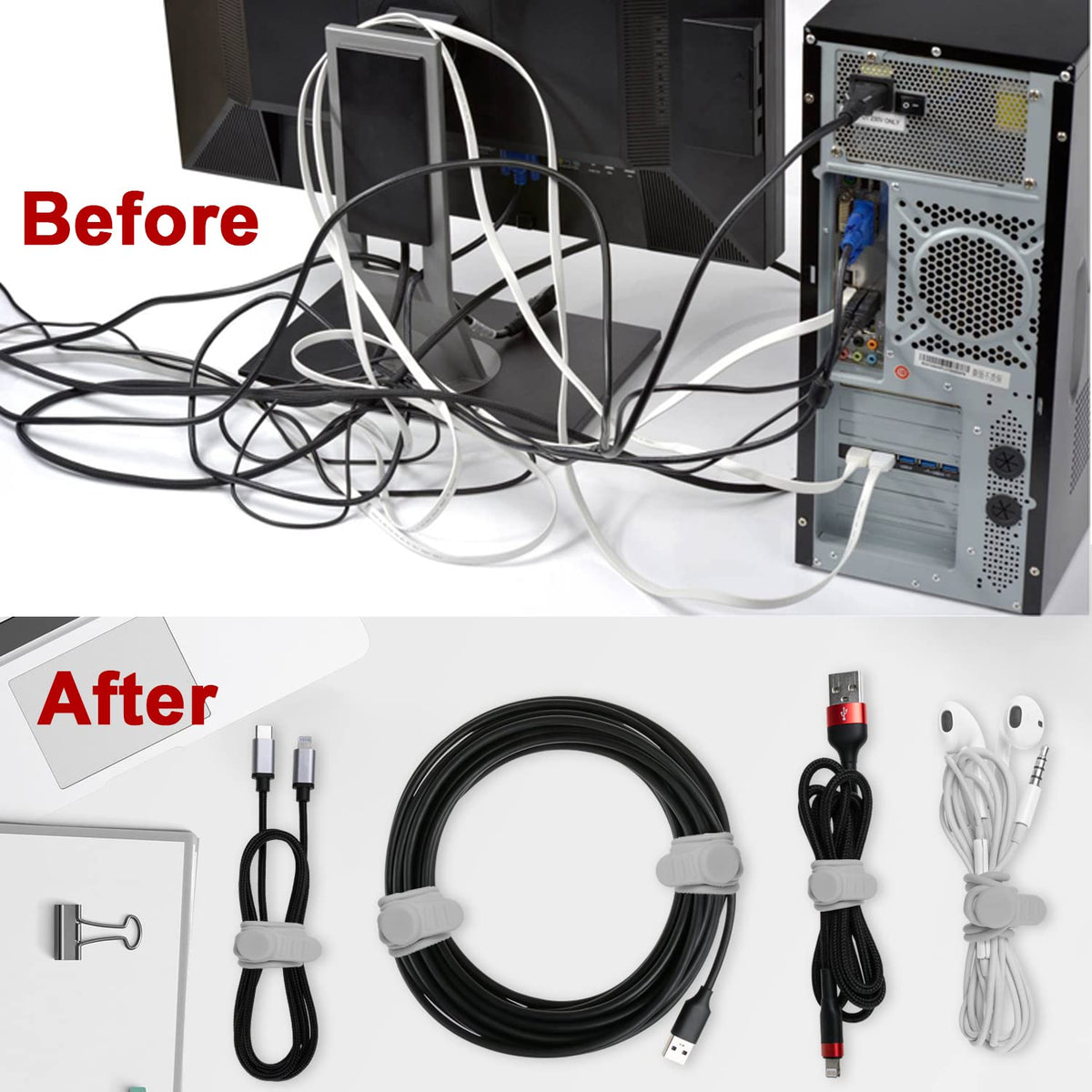 Silicone Cable Ties, Cord Organizer Cable Management,2Sizes-Grey
