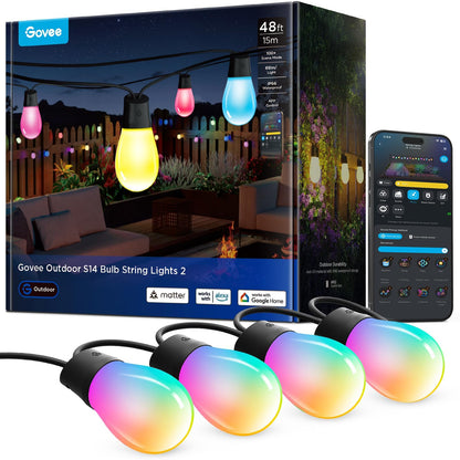 Govee S14 Bulb Outdoor String Lights 2, 96ft RGBICWW, 30 LED Bulbs, IP66