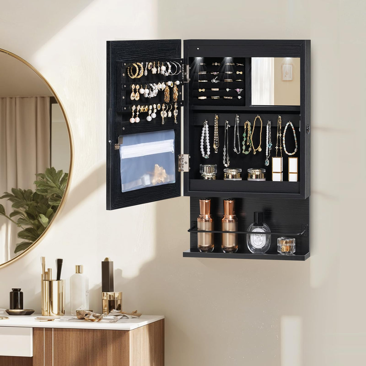 HOOBRO Wall Mounted Jewelry Cabinet, LED Jewelry Armoire with Interior Mirror, Hanging Jewelry Organizer for Wall, Lockable Jewelry Storage Cabinet, 3.9 x 11.8 x 20.9 Inches, White