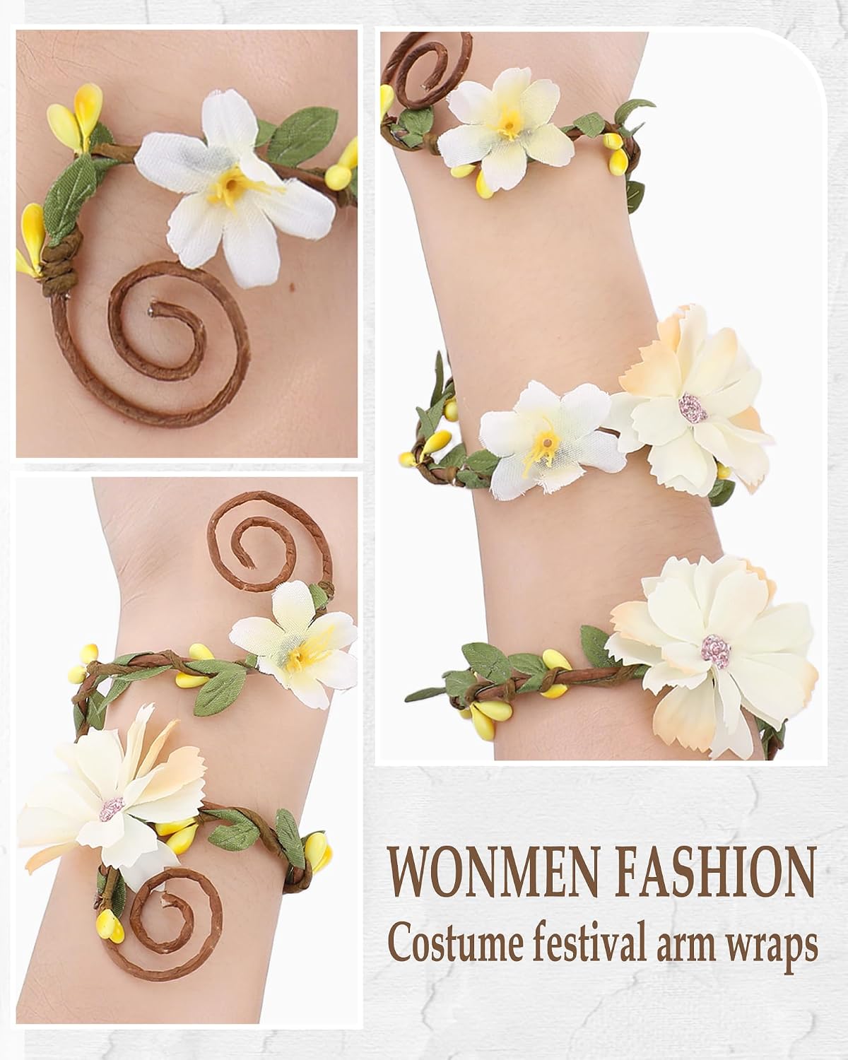 FRESHME Renaissance Costume Flower Arm Wraps - 2 Pcs Fairy Accessories Elf Bracelet with Wrap Ring Woodland Renfaire Outfit