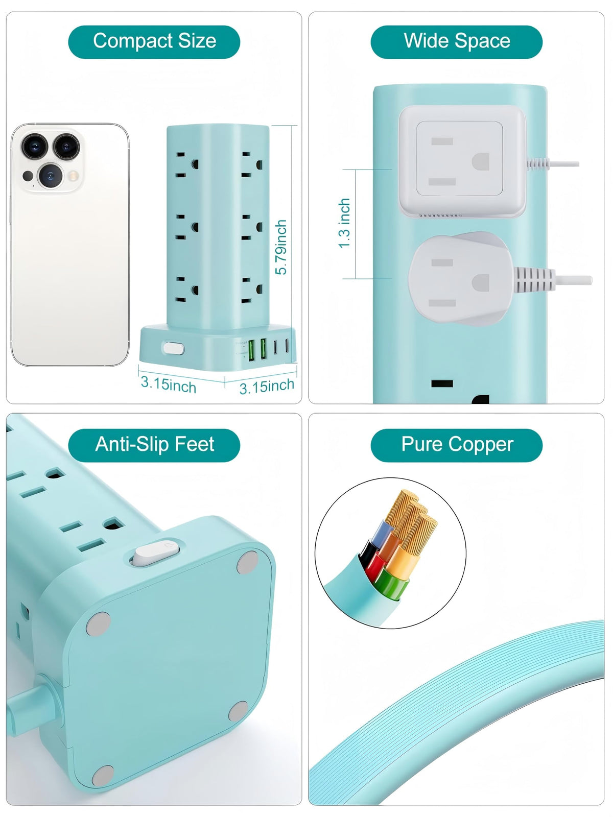 6FT Power Strip Tower Surge Protector, 12 Wide Spaced Outlets, 4 USB