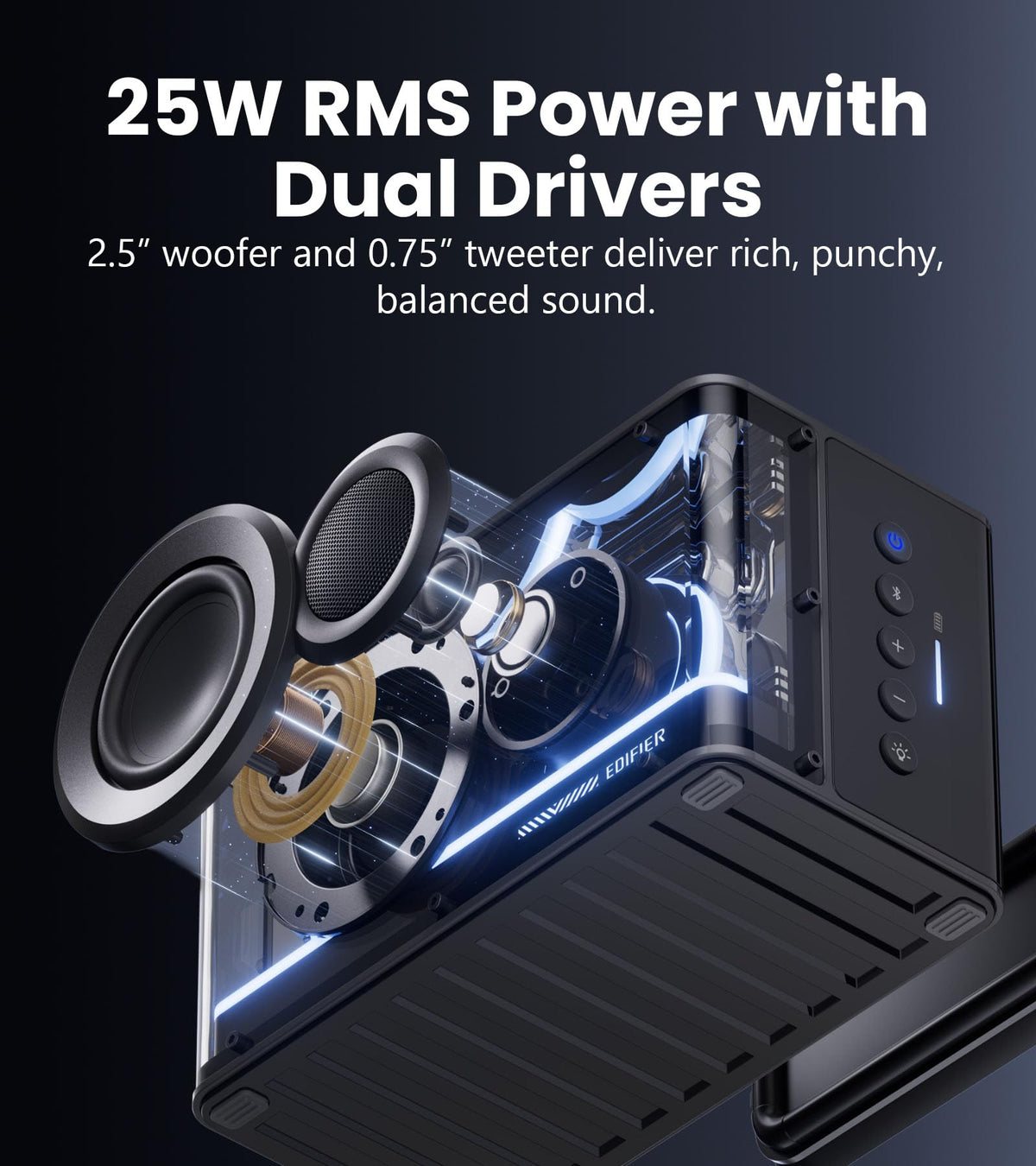 Edifier QD25 Bluetooth Speaker | Portable Desktop Audio, 25W (RMS) Dynamic Sound, Hi-Res Audio, Splendid Light Effects, 15H Playtime, Bluetooth 6.0, Wireless Stereo Pairing, White