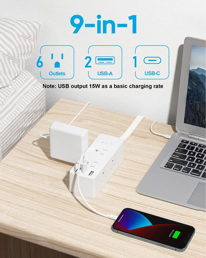 Flat Plug Power Strip with 10 FT Extension Cord, 6 Outlets 3 USB Ports(1 USB C), 3 Sided Outlet Extender for Home Office Travel Dorm Room Essentials, White