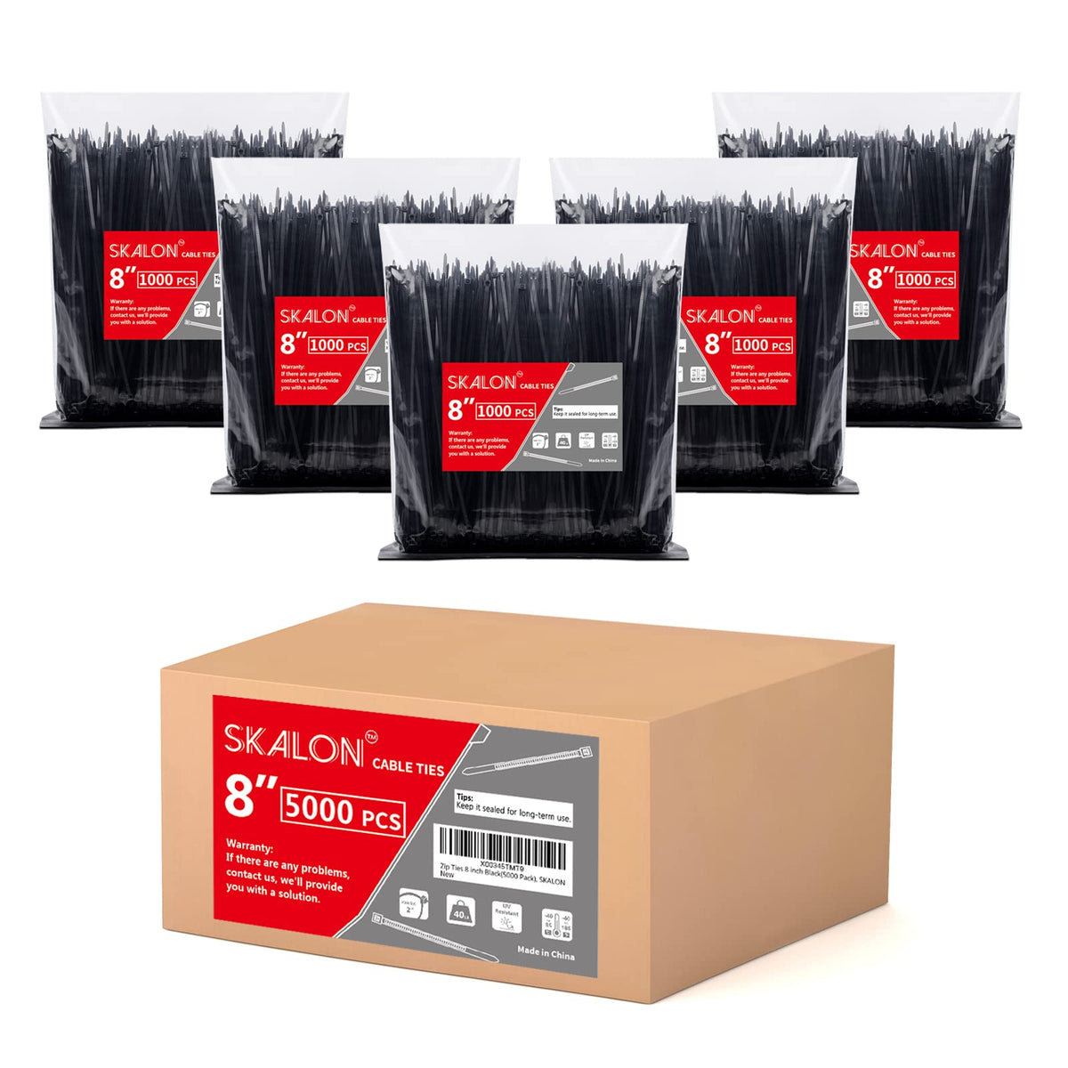 Zip Ties 8 inch (100 Pack), 40lbs Tensile Strength, Black Cable Ties, Wire Ties for indoor and outdoor use, by Skalon