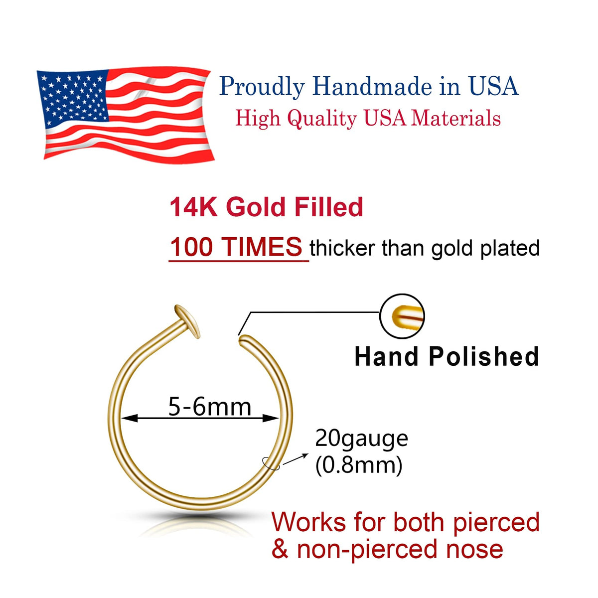 Small Thin Gold Nose Ring Hoop for Women, 20G/22G/24G, 5mm/6mm/7mm/8mm