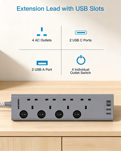 Extension Lead with USB Slots(2 USB C), 4 Way Plug Extension Socket, 1.8M