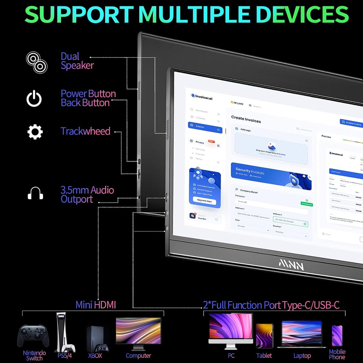 MNN 15.6" 4K Portable Monitor, UHD IPS, USB-C HDMI, with Smart Cover Stand