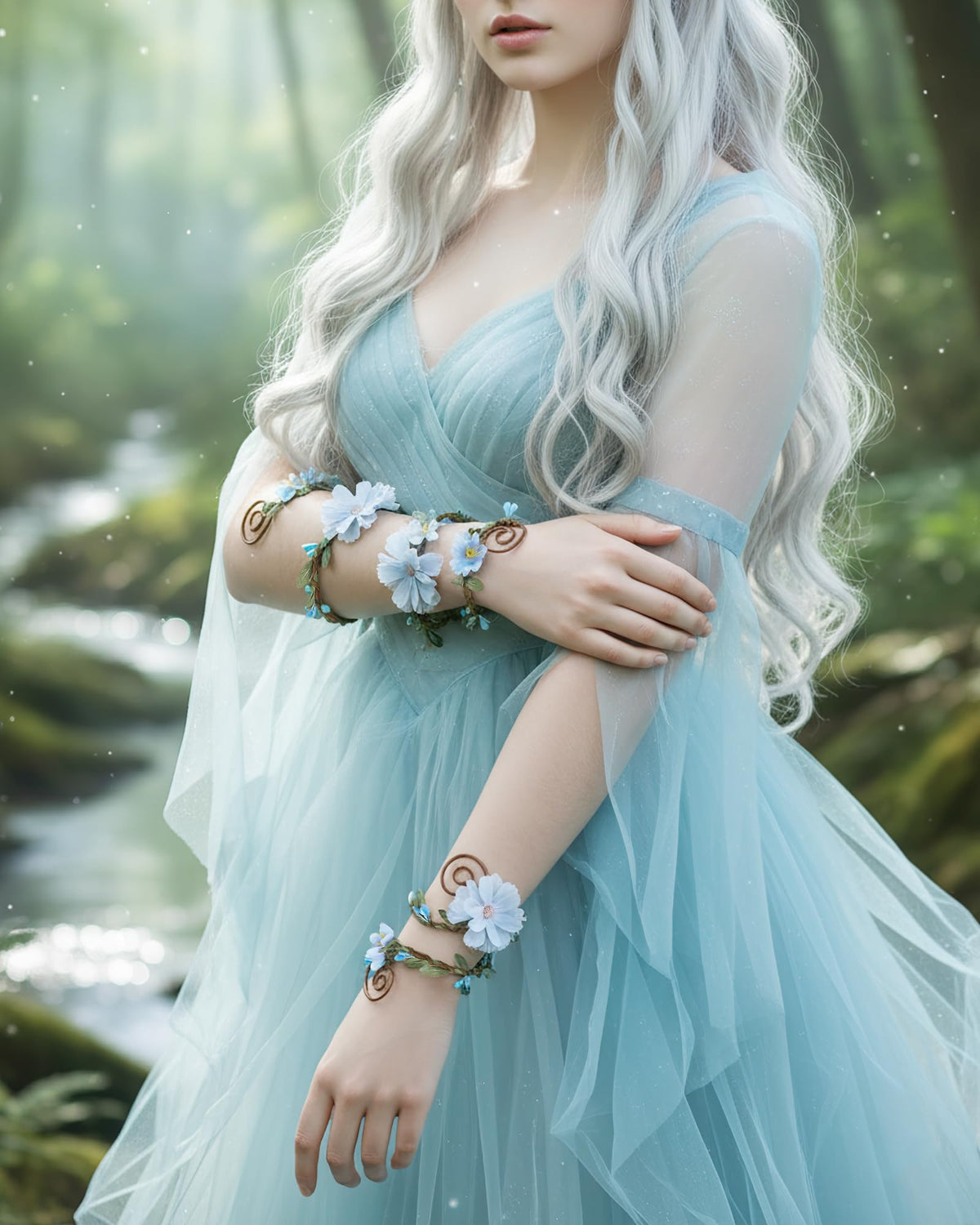 FRESHME Renaissance Costume Flower Arm Wraps - 2 Pcs Fairy Accessories Elf Bracelet with Wrap Ring Woodland Renfaire Outfit
