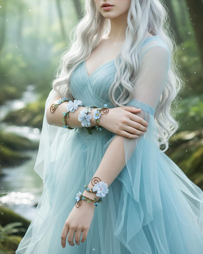 FRESHME Renaissance Costume Flower Arm Wraps - 2 Pcs Fairy Accessories Elf Bracelet with Wrap Ring Woodland Renfaire Outfit