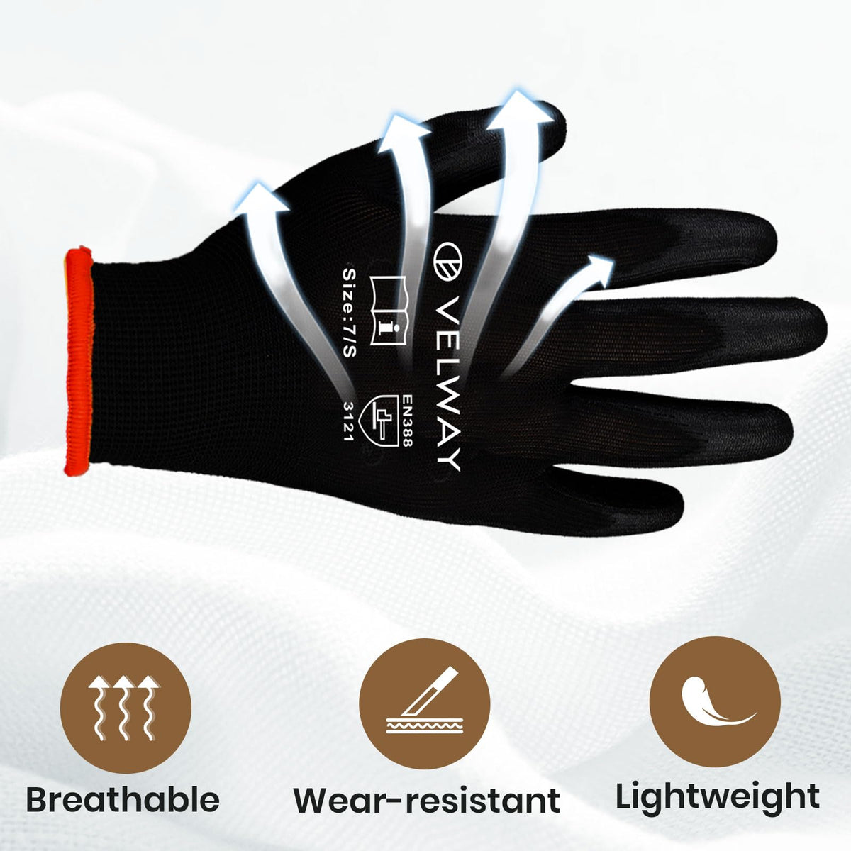 Velway 12 Pairs Work Gloves PU Coated for Men Women, Red, Size 9/L