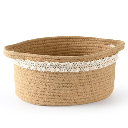 Happyiren Brown Woven Cotton Rope Storage Basket with Lace Trim