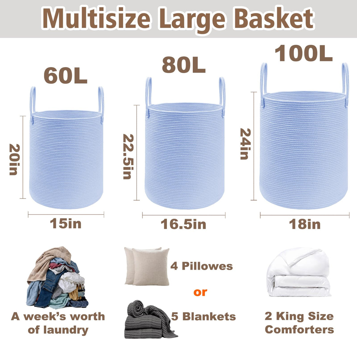 JMvicyroam 80L Nursery Hamper, Cotton Rope Laundry Basket, Brown&Black