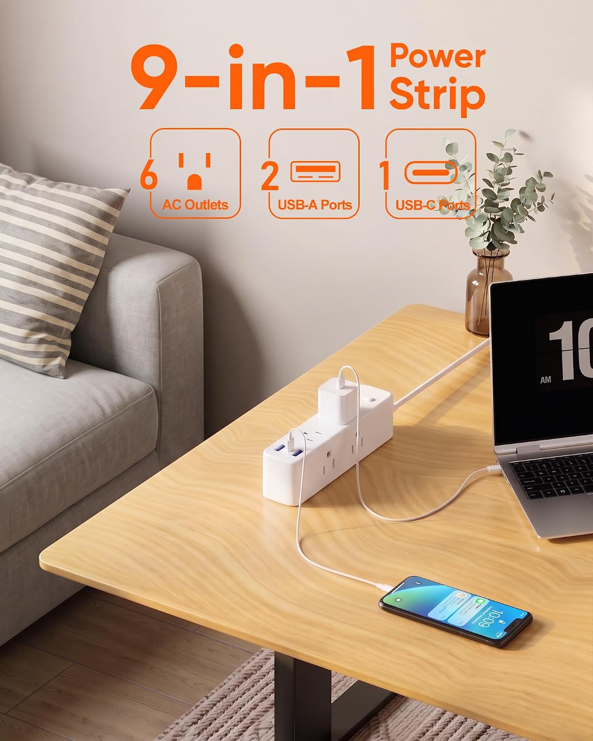 Split Extension Cord with Outlet Cover (10FT, Dual 5FT), Flat Plug Power Strip with 6 Outlets and 3 USB Ports, Outlet Extender for Tight Spaces