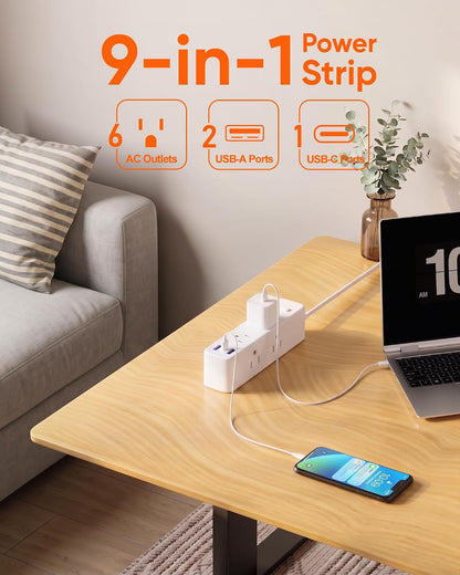 Split Extension Cord with Outlet Cover (10FT, Dual 5FT), Flat Plug Power Strip with 6 Outlets and 3 USB Ports, Outlet Extender for Tight Spaces