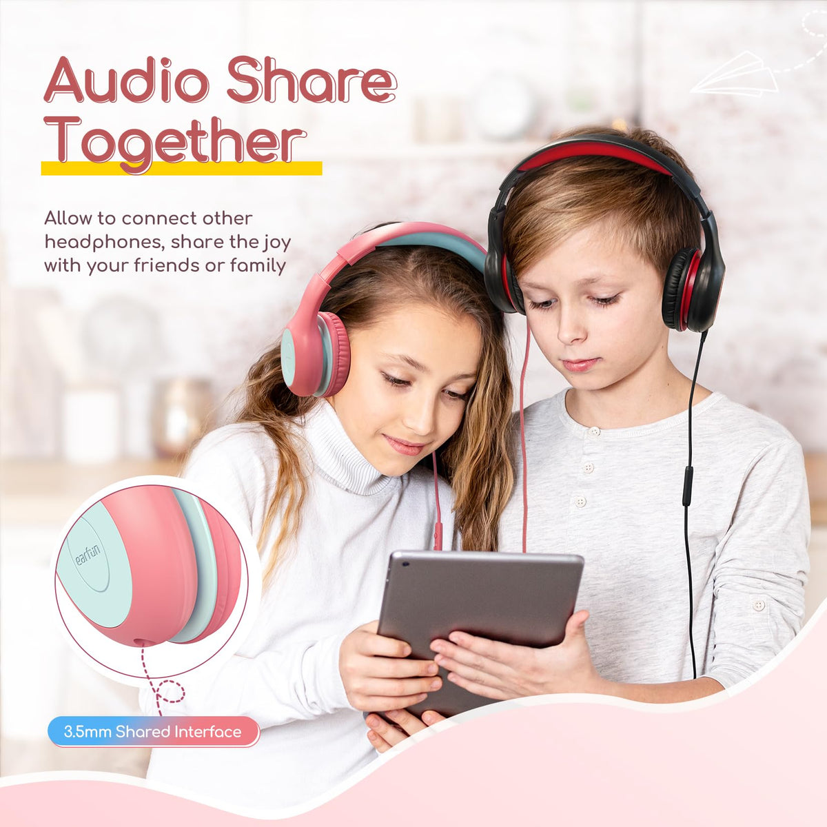 EarFun K1 Kids Headphones Wired with Mic, Volume Limit Headphones for Kids