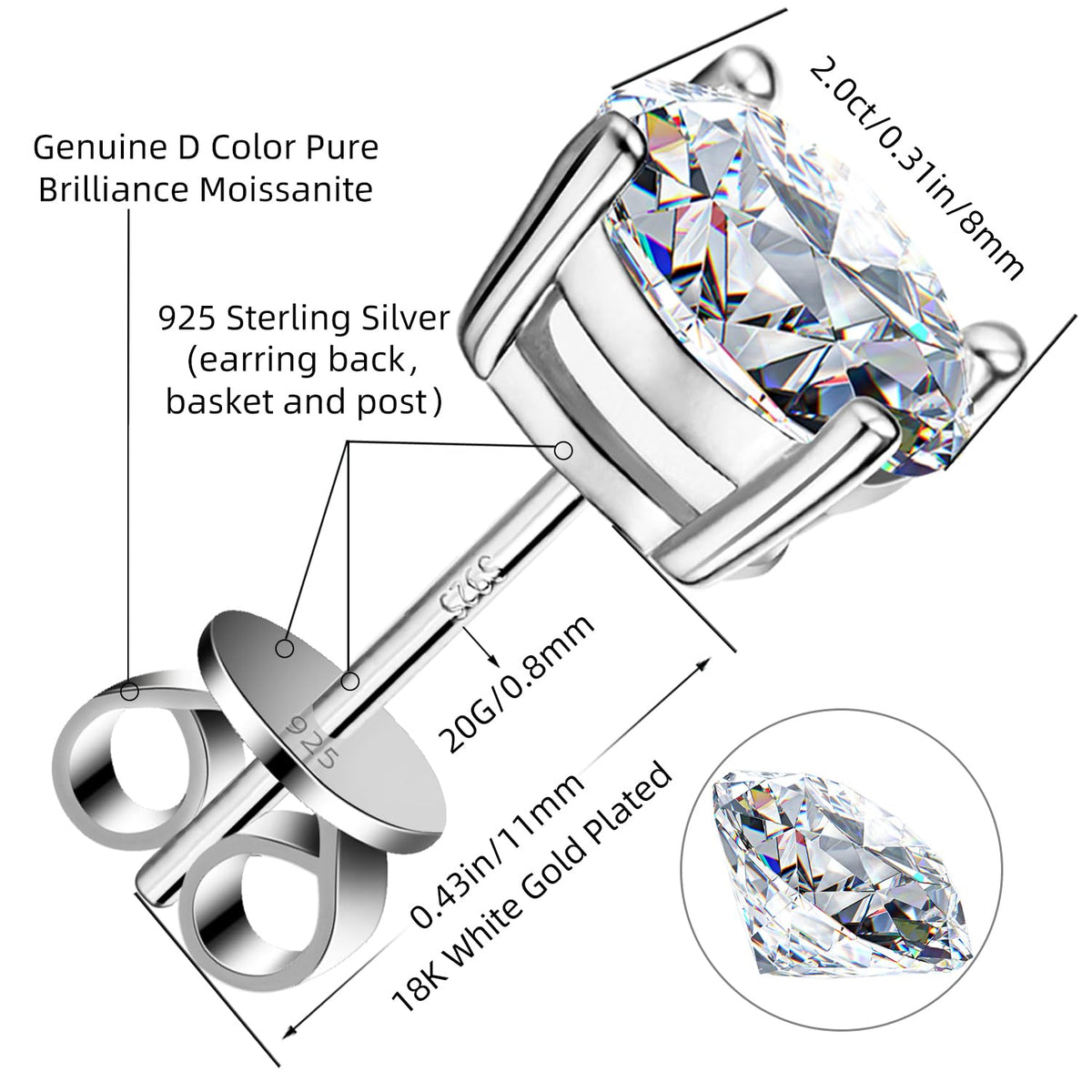 Moissanite Stud Earrings GRA 925 Sterling Silver Earrings for Men