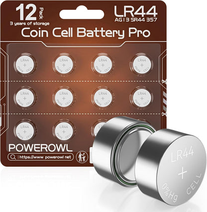POWEROWL 12 Pcs LR44 Batteries for Watches, Christmas decorations, Bottle Lights, and Small Electronics