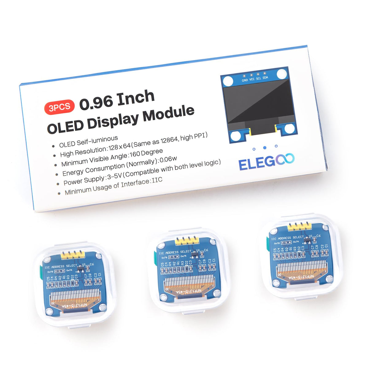 ELEGOO 0.96 Inch OLED Display Screen Module, Self-Luminous, SSD1306, 3PCS