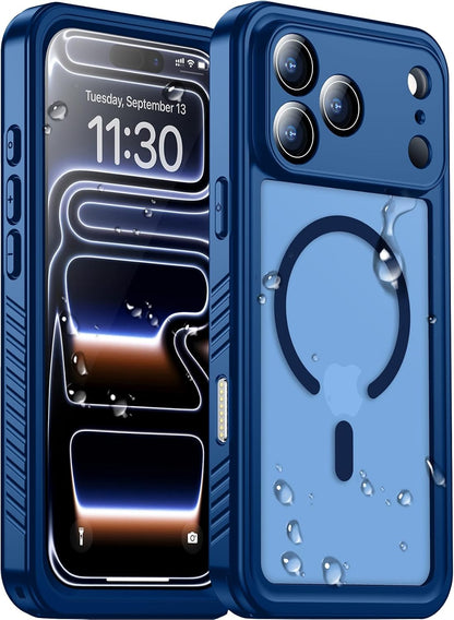 Temdan Compatible with iPhone 17 Pro Case,Waterproof Built-in Screen & Camera Protector IP68 Underwater Full Body 17FT Military Dropproof Shockproof Phone Case 6.3"-Blue/Clear